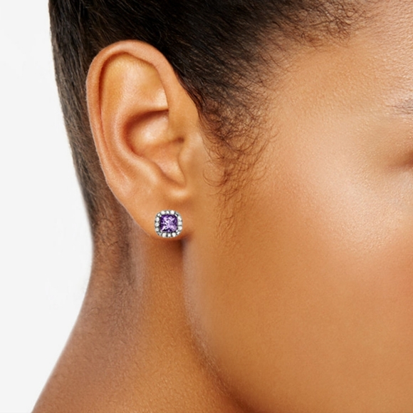 Sterling Silver 18" Amethyst & Diamond Pendant, Necklace & Stud Earrings Set - Picture 3 of 5